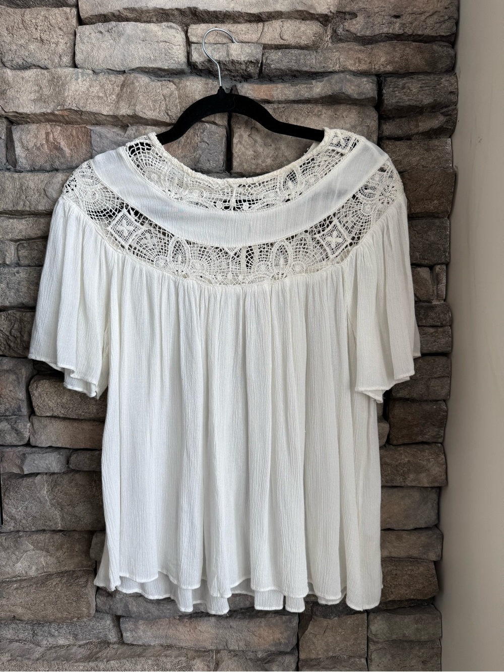 Zara White Crochet Yoke Flutter Sleeve Blouse